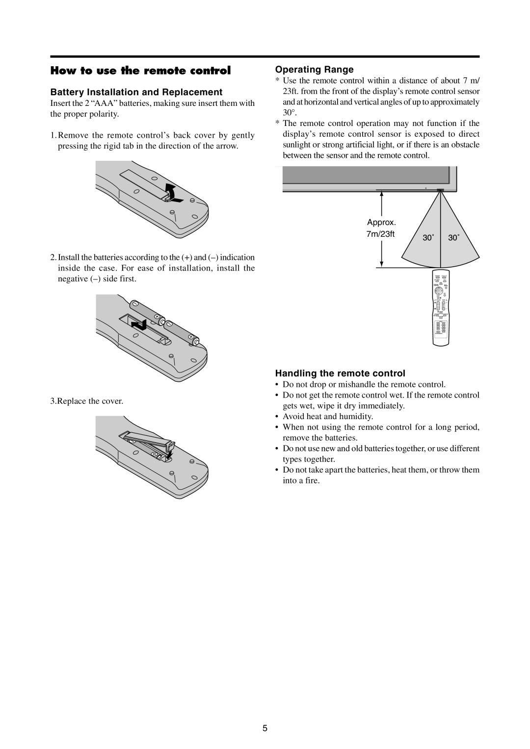 Mitsubishi Electronics PD-5065 manual How to use the remote control, Battery Installation and Replacement, Operating Range 