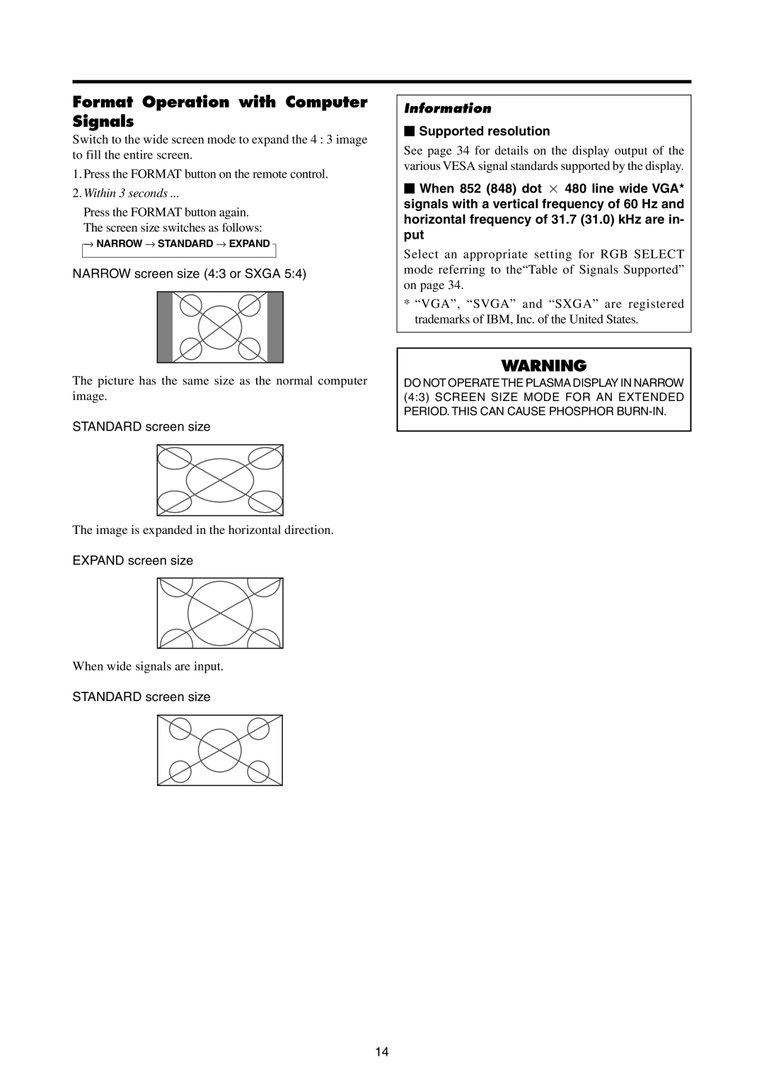 Mitsubishi Electronics PD-4265 Format Operation with Computer Signals, Narrow screen size 43 or Sxga, Expand screen size 