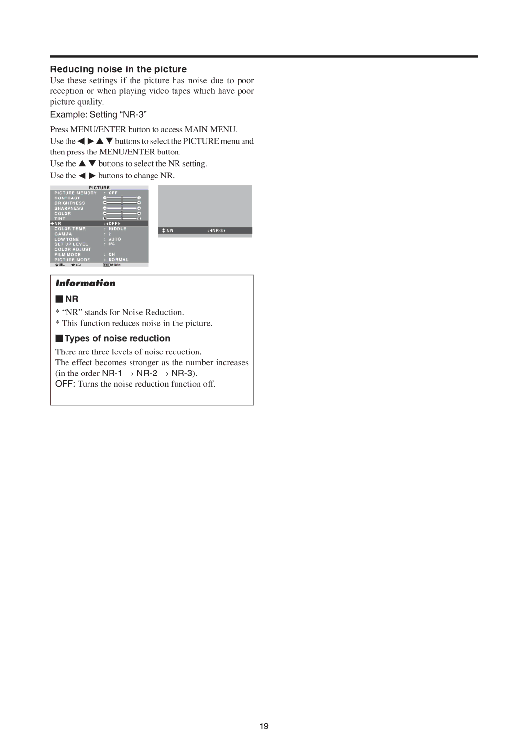 Mitsubishi Electronics PD-5065 manual Reducing noise in the picture, Example Setting NR-3,  Nr,  Types of noise reduction 