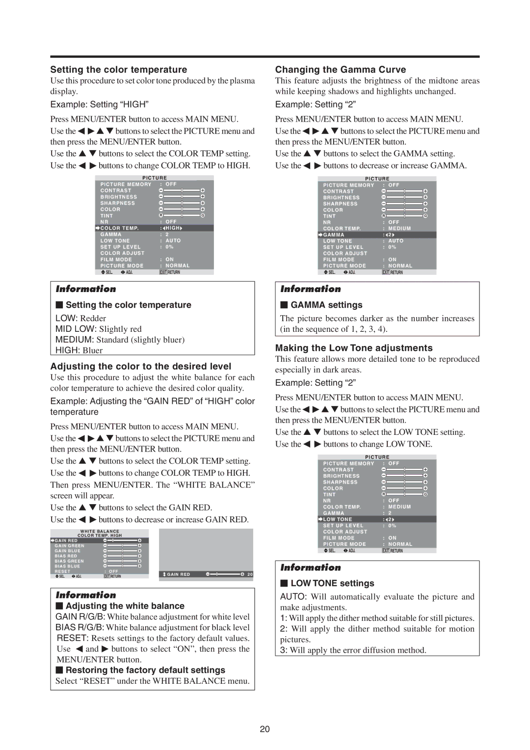 Mitsubishi Electronics PD-4265, PD-5065 manual Setting the color temperature, Adjusting the color to the desired level 