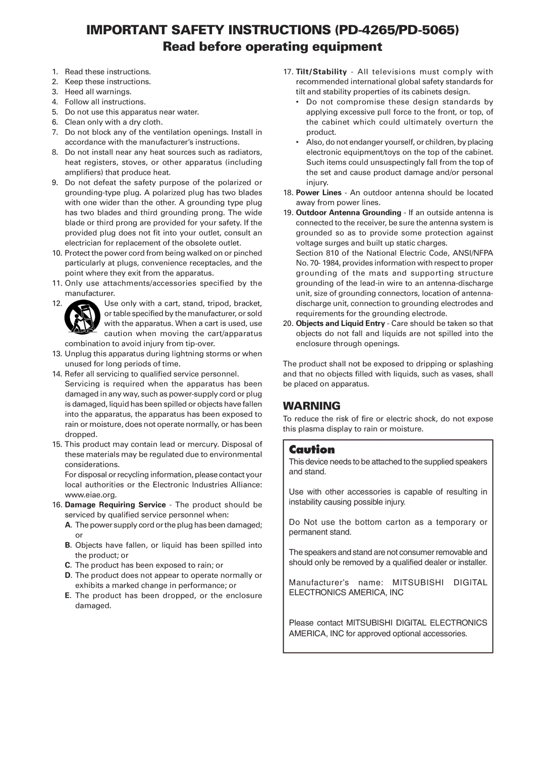 Mitsubishi Electronics manual Important Safety Instructions PD-4265/PD-5065 