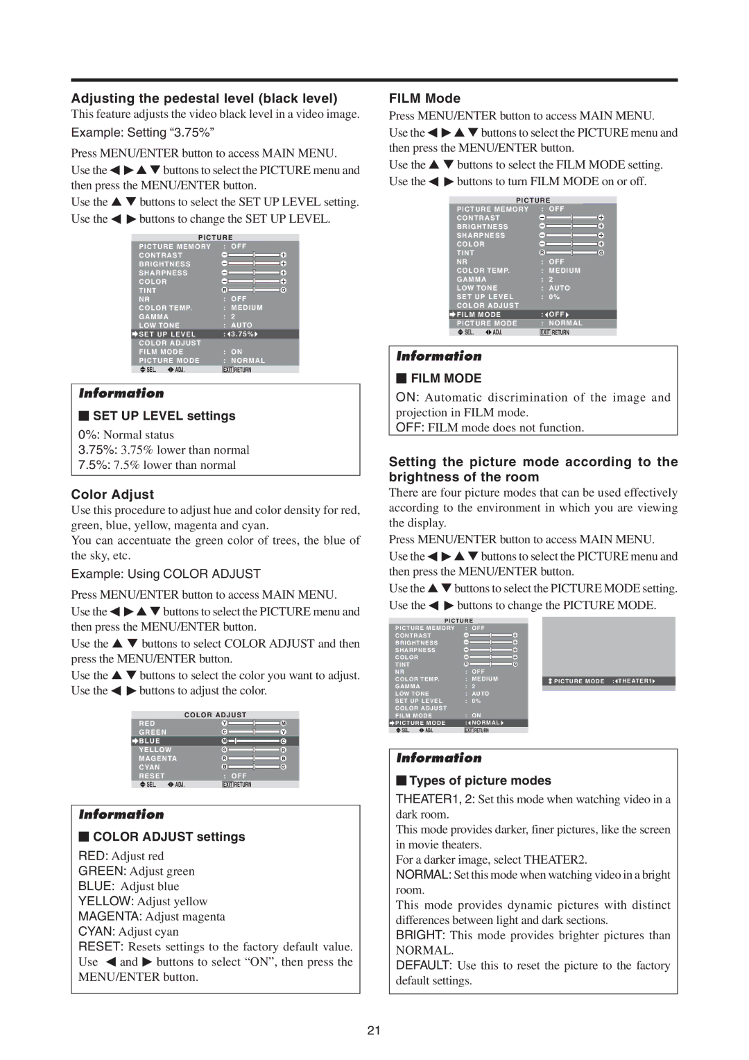 Mitsubishi Electronics PD-5065, PD-4265 manual Adjusting the pedestal level black level, Color Adjust, Film Mode 