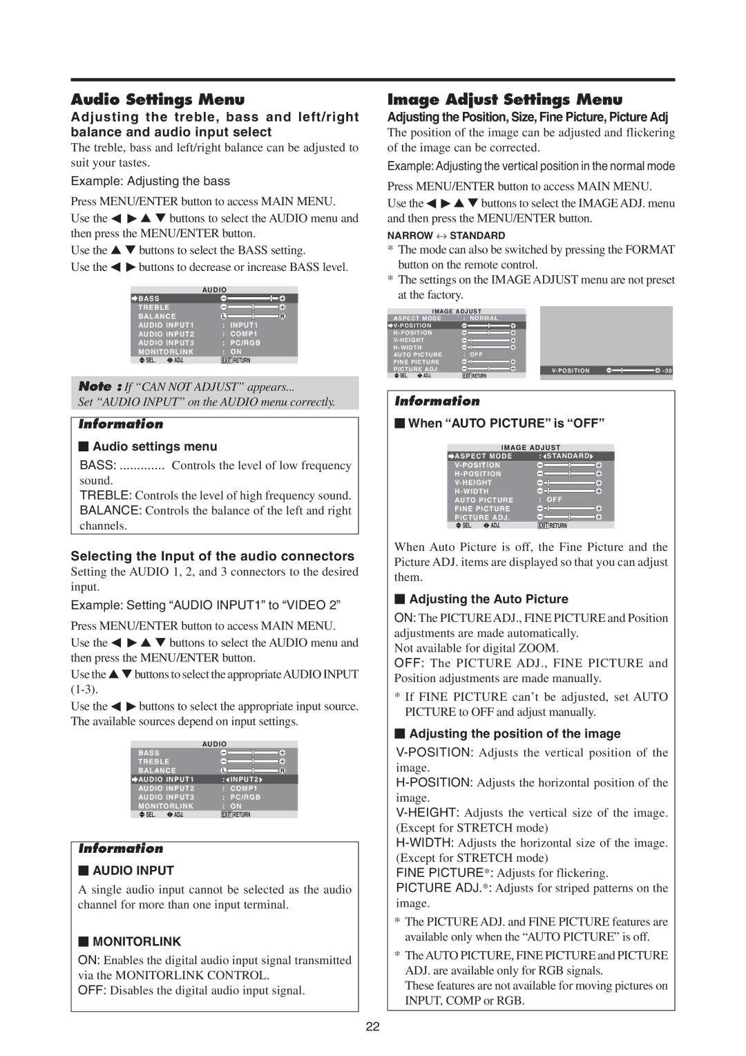 Mitsubishi Electronics PD-4265, PD-5065 manual Audio Settings Menu, Image Adjust Settings Menu 