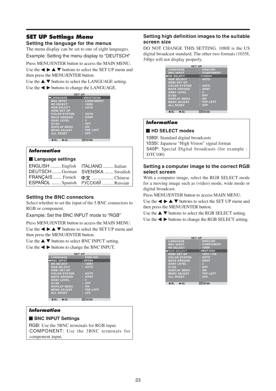 Mitsubishi Electronics PD-5065 manual SET UP Settings Menu, Setting the language for the menus, Setting the BNC connectors 