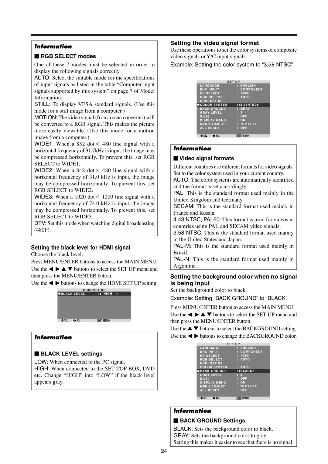 Mitsubishi Electronics PD-4265, PD-5065 manual Setting the black level for Hdmi signal, Setting the video signal format 