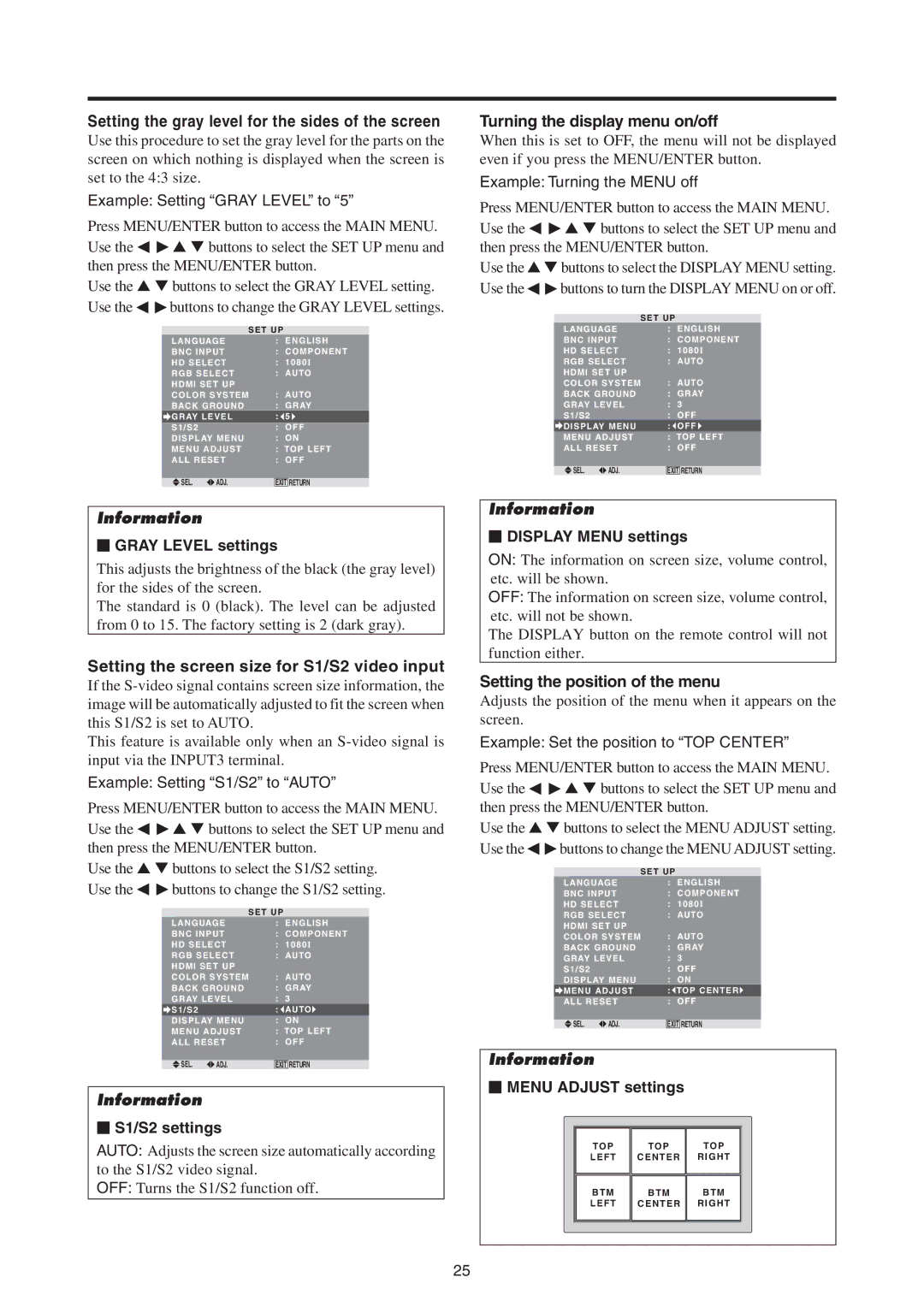 Mitsubishi Electronics PD-5065, PD-4265 Setting the screen size for S1/S2 video input, Turning the display menu on/off 