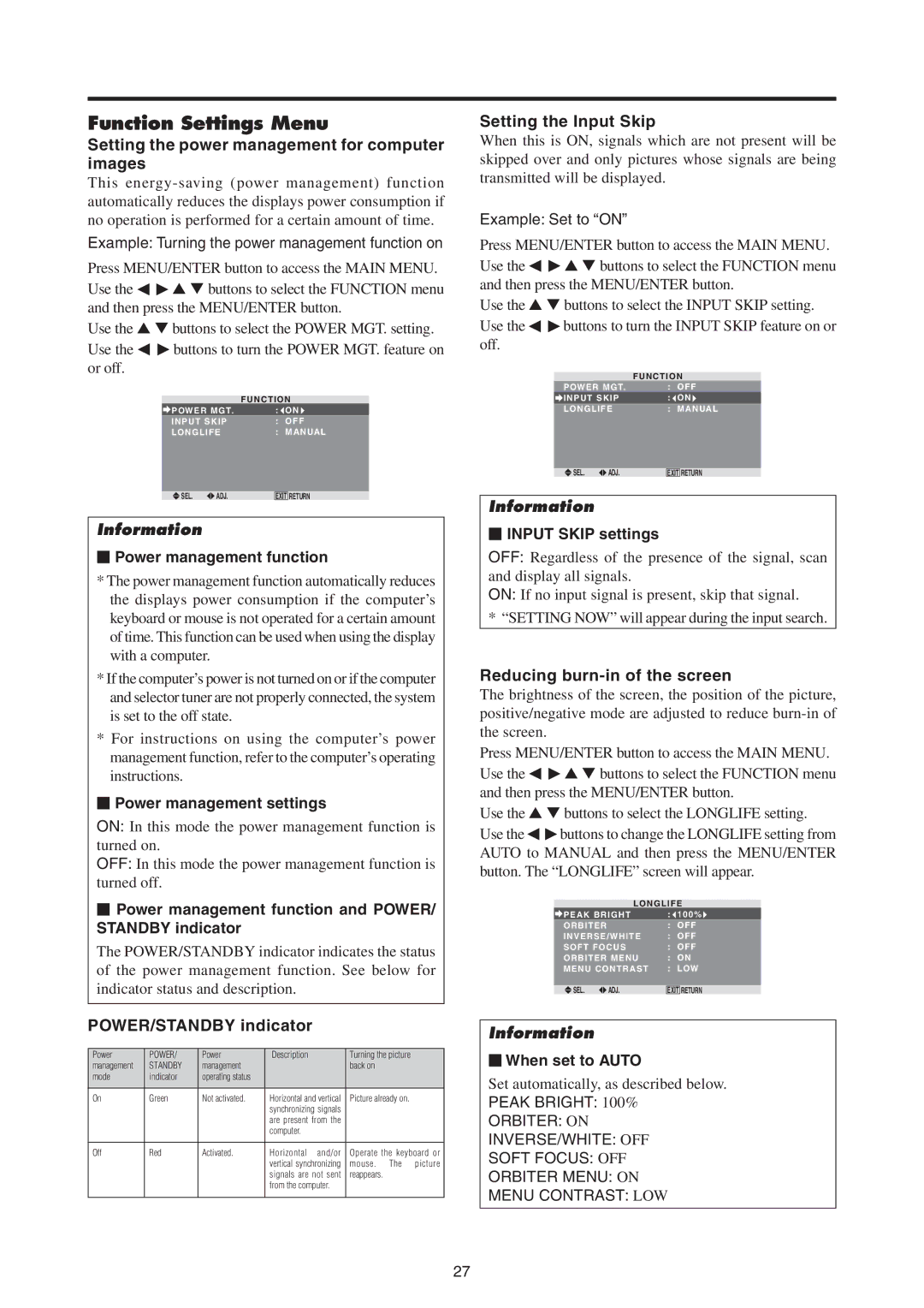 Mitsubishi Electronics PD-5065, PD-4265 manual Function Settings Menu, Setting the power management for computer images 