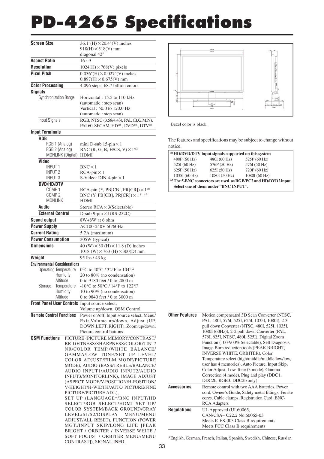 Mitsubishi Electronics PD-5065 manual PD-4265 Specifications, Signals 