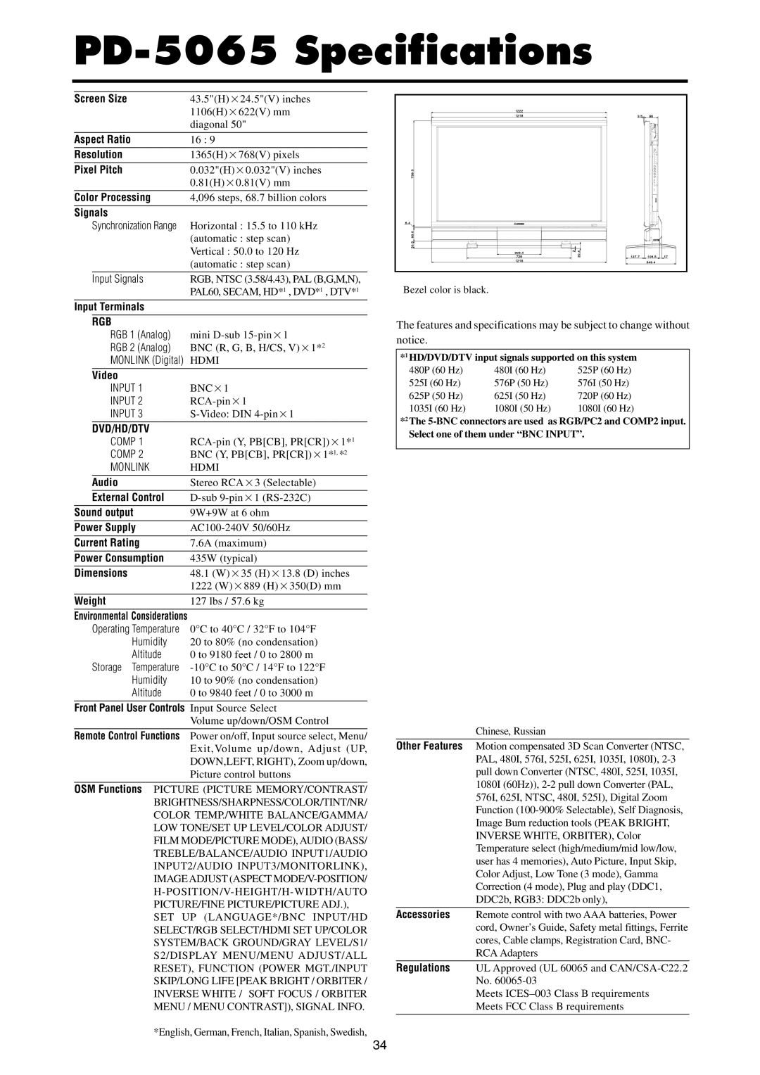 Mitsubishi Electronics PD-4265 manual PD-5065 Specifications, Chinese, Russian 