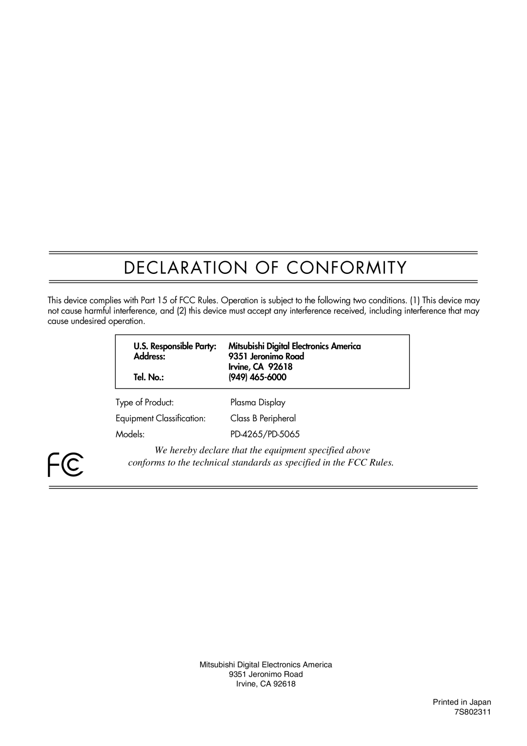 Mitsubishi Electronics PD-4265, PD-5065 manual Declaration of Conformity 