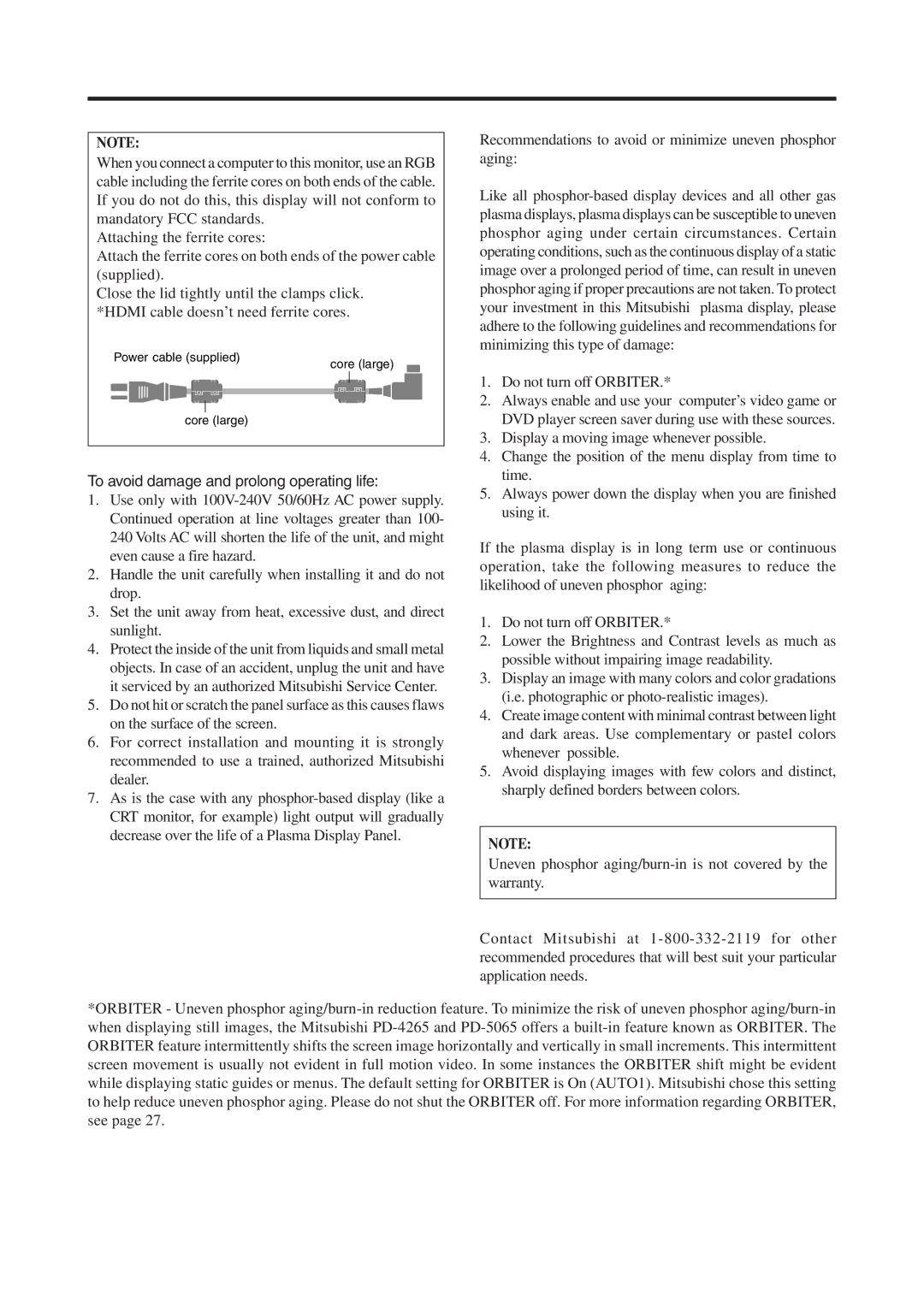 Mitsubishi Electronics PD-4265, PD-5065 manual To avoid damage and prolong operating life, Do not turn off Orbiter 