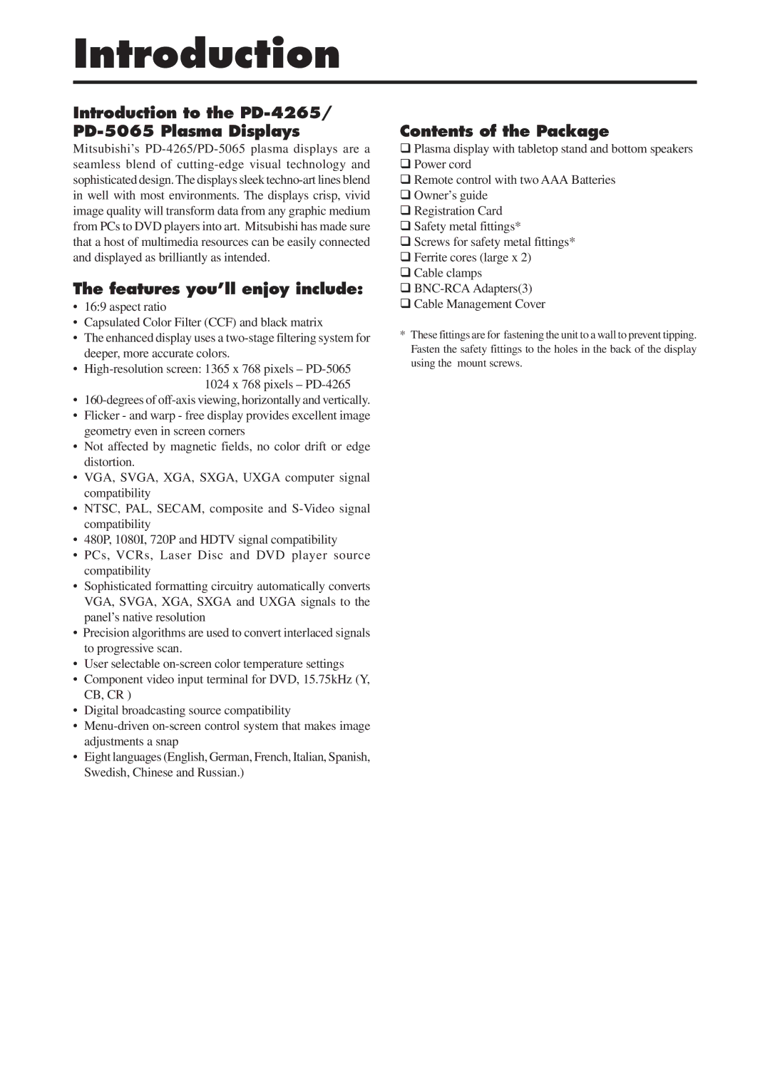 Mitsubishi Electronics manual Introduction to the PD-4265/ PD-5065 Plasma Displays, Features you’ll enjoy include 