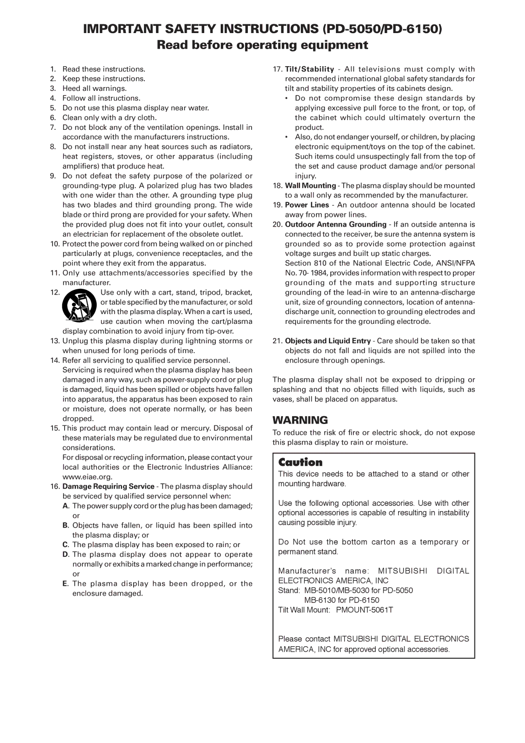 Mitsubishi Electronics manual Important Safety Instructions PD-5050/PD-6150 