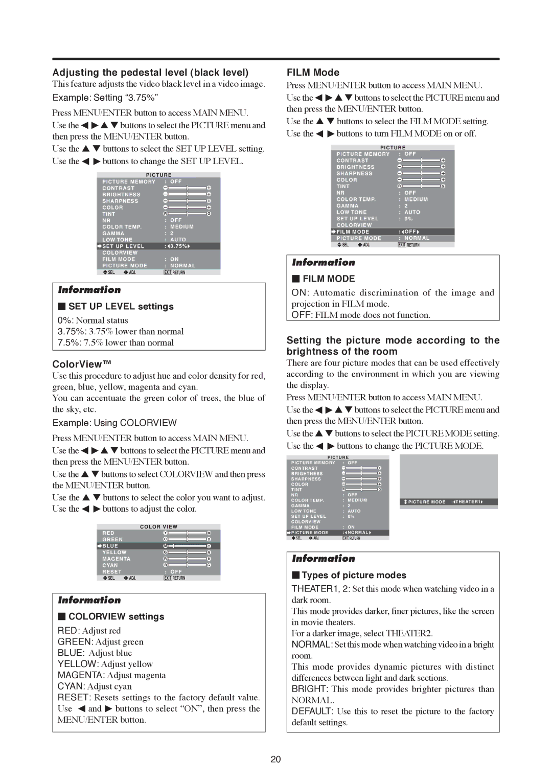 Mitsubishi Electronics PD-5050, PD-6150 manual Adjusting the pedestal level black level, ColorView, Film Mode 