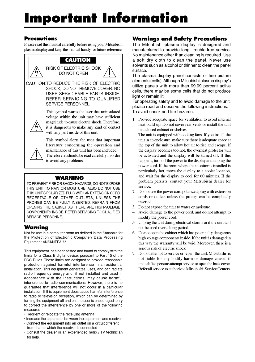 Mitsubishi Electronics PD-5050, PD-6150 manual Important Information, Precautions 