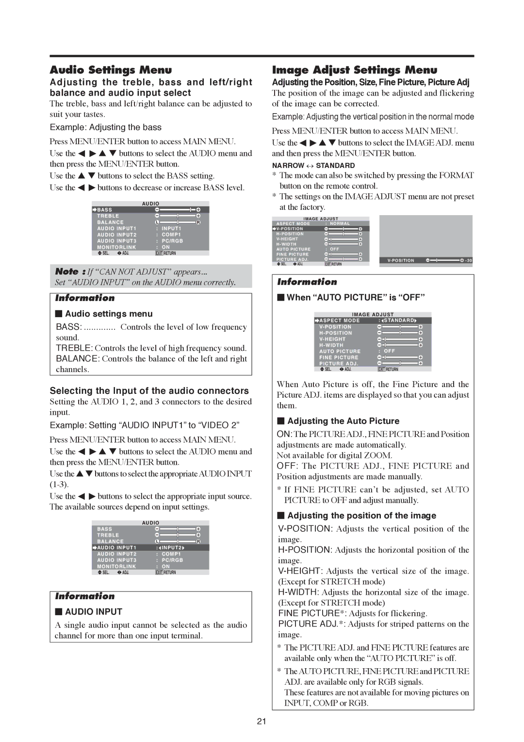 Mitsubishi Electronics PD-6150, PD-5050 manual Audio Settings Menu, Image Adjust Settings Menu 