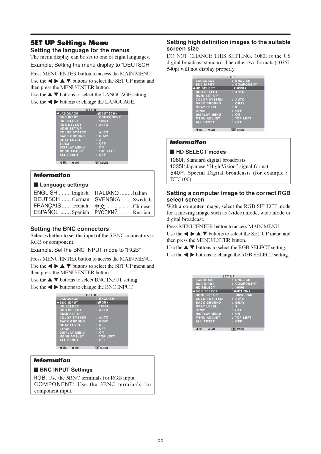 Mitsubishi Electronics PD-5050 manual SET UP Settings Menu, Setting the language for the menus, Setting the BNC connectors 