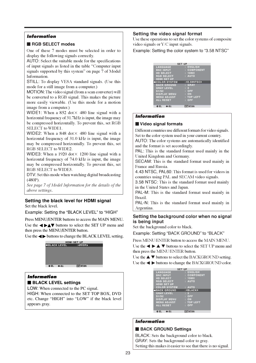 Mitsubishi Electronics PD-6150 Setting the video signal format, Setting the background color when no signal is being input 