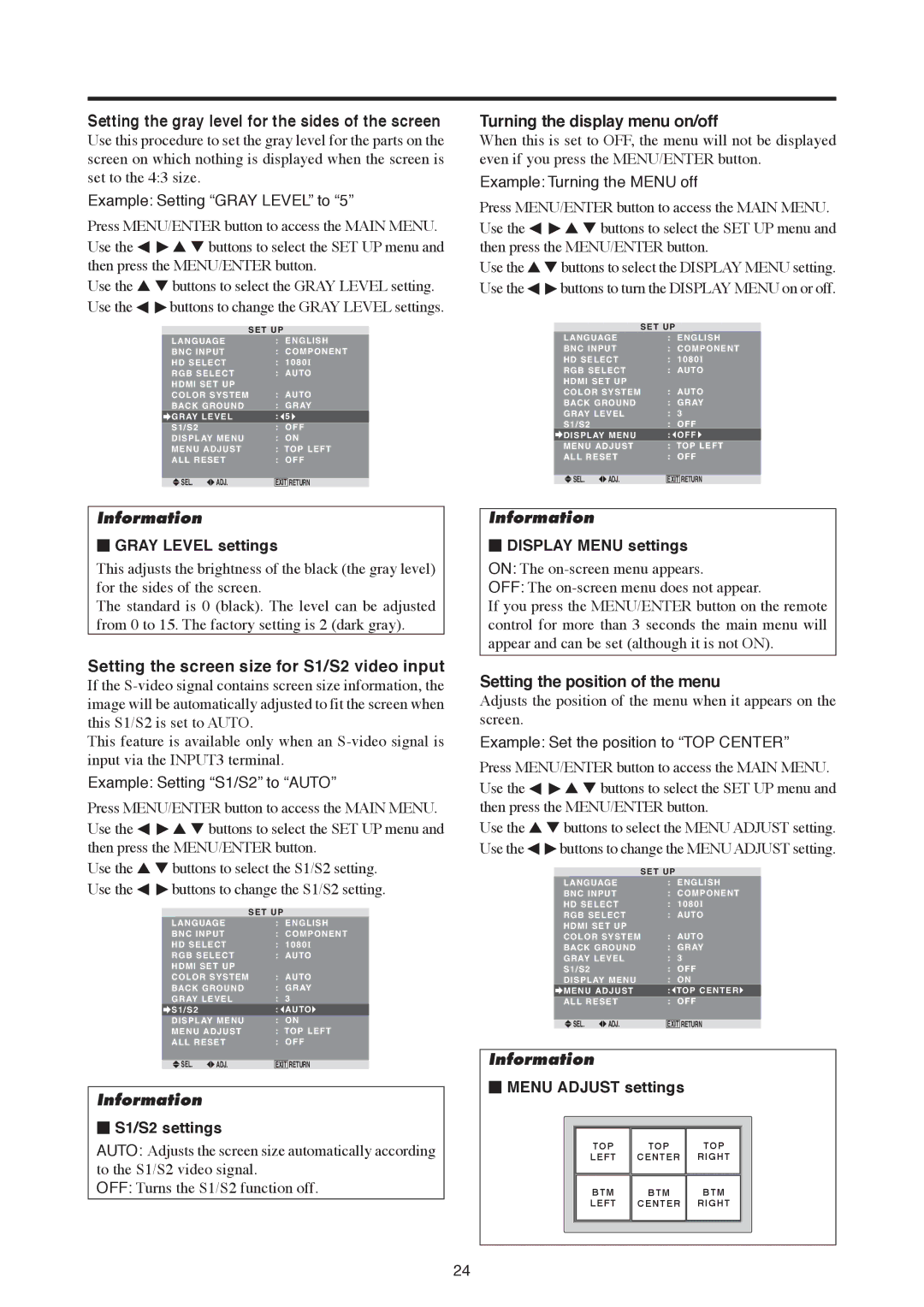 Mitsubishi Electronics PD-5050, PD-6150 Setting the screen size for S1/S2 video input, Turning the display menu on/off 