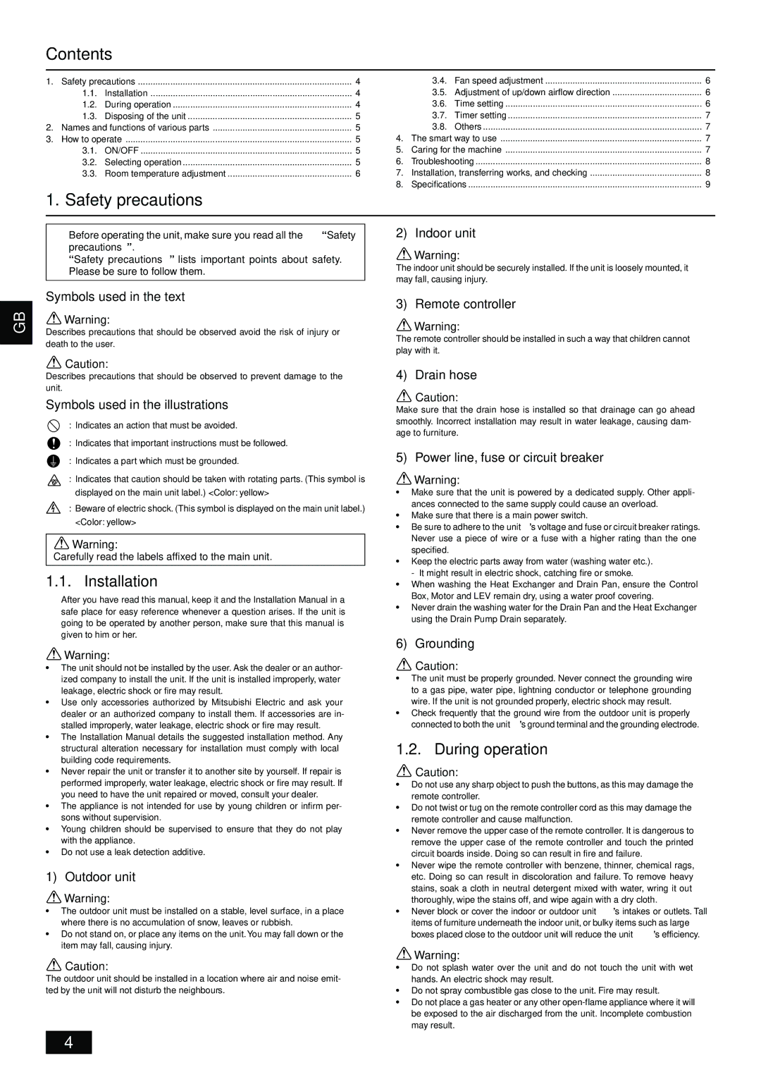 Mitsubishi Electronics PFFY-NEMU-A, PDFY-NMU-A, PFFY-NRMU-A operation manual Contents, Safety precautions 