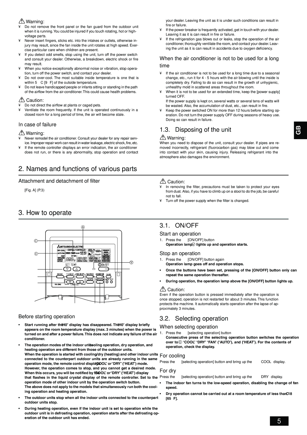 Mitsubishi Electronics PFFY-NRMU-A Names and functions of various parts, How to operate, Disposing of the unit, On/Off 