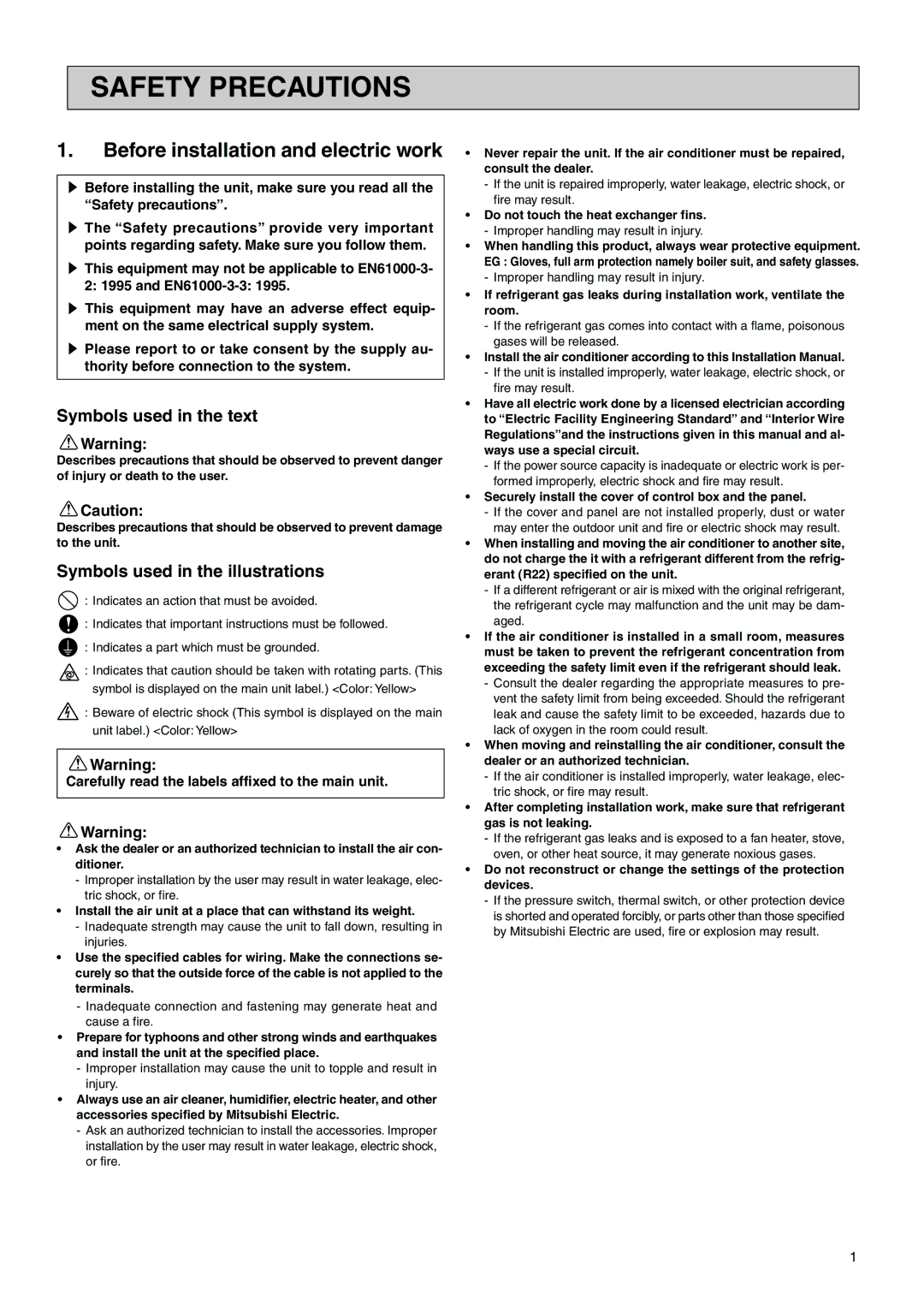 Mitsubishi Electronics PDFY-P27NMU-E, PDFY-P30NMU-E Safety Precautions, Carefully read the labels affixed to the main unit 