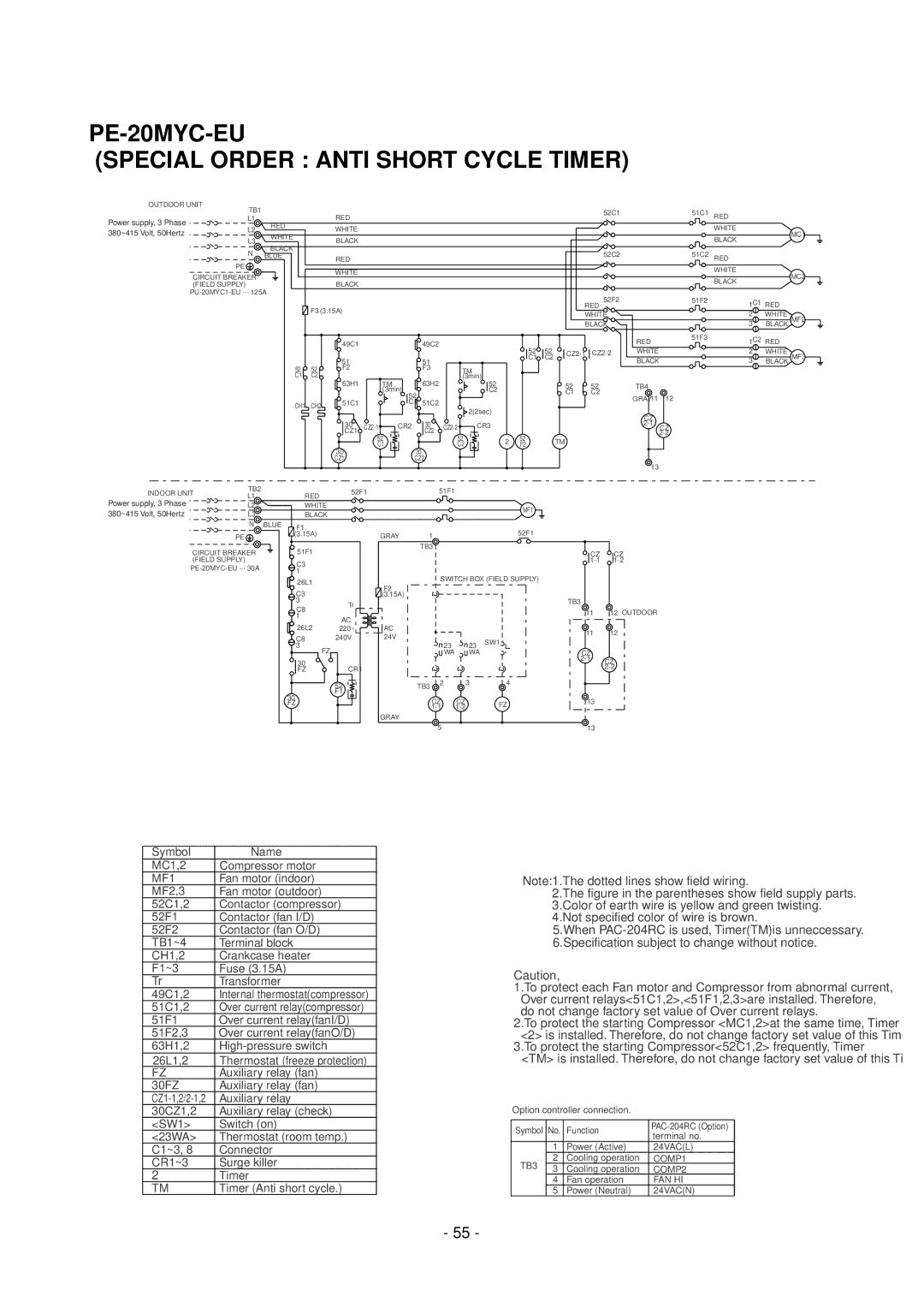 Mitsubishi Electronics PE-15MYC manual PE-20MYC-EU Special Order Anti Short Cycle Timer, Symbol Name MC1,2 Compressor motor 