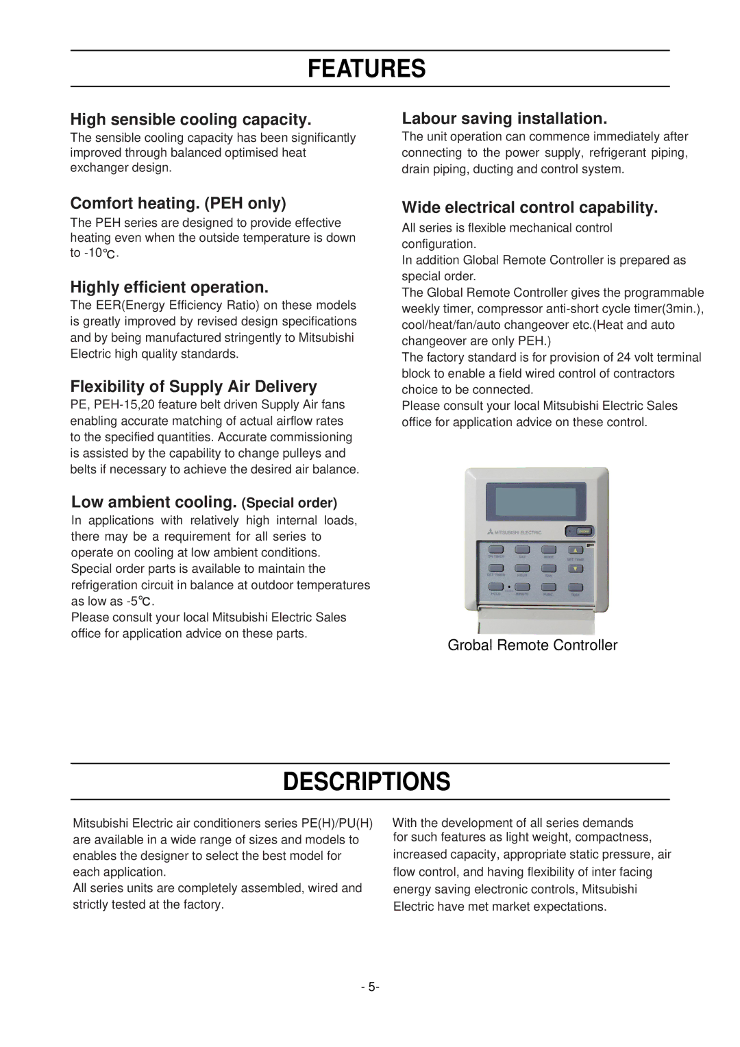 Mitsubishi Electronics PEH-8MYA, PE-8MYC, PE-15MYC, PE-20MYC, PE-10MYC, PEH-10MYA, PE-7MYC, PEH-7MYA manual Features, Descriptions 