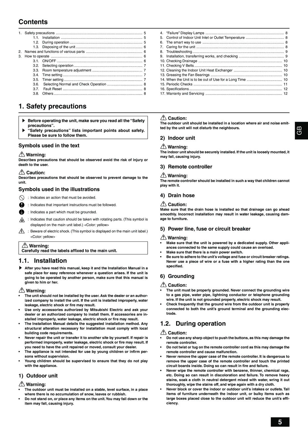 Mitsubishi Electronics PFD-P250500VM-A operation manual Contents, Safety precautions 