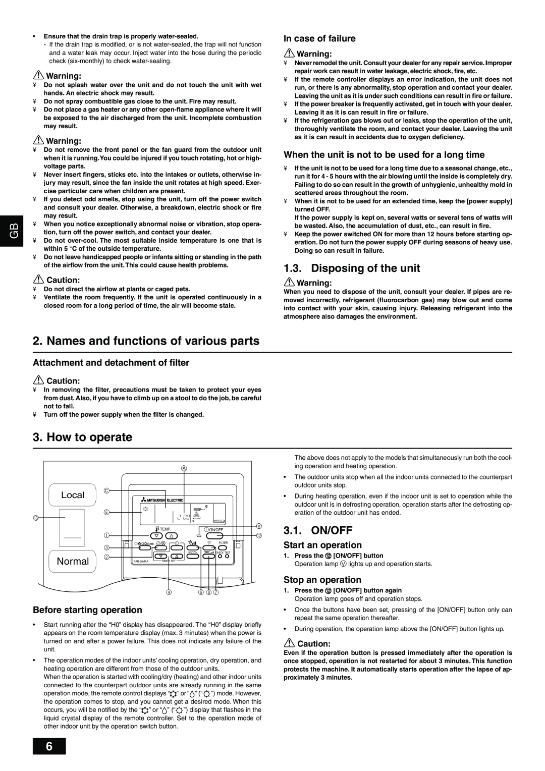 Mitsubishi Electronics PFD-P250500VM-A Names and functions of various parts, How to operate, Disposing of the unit, On/Off 