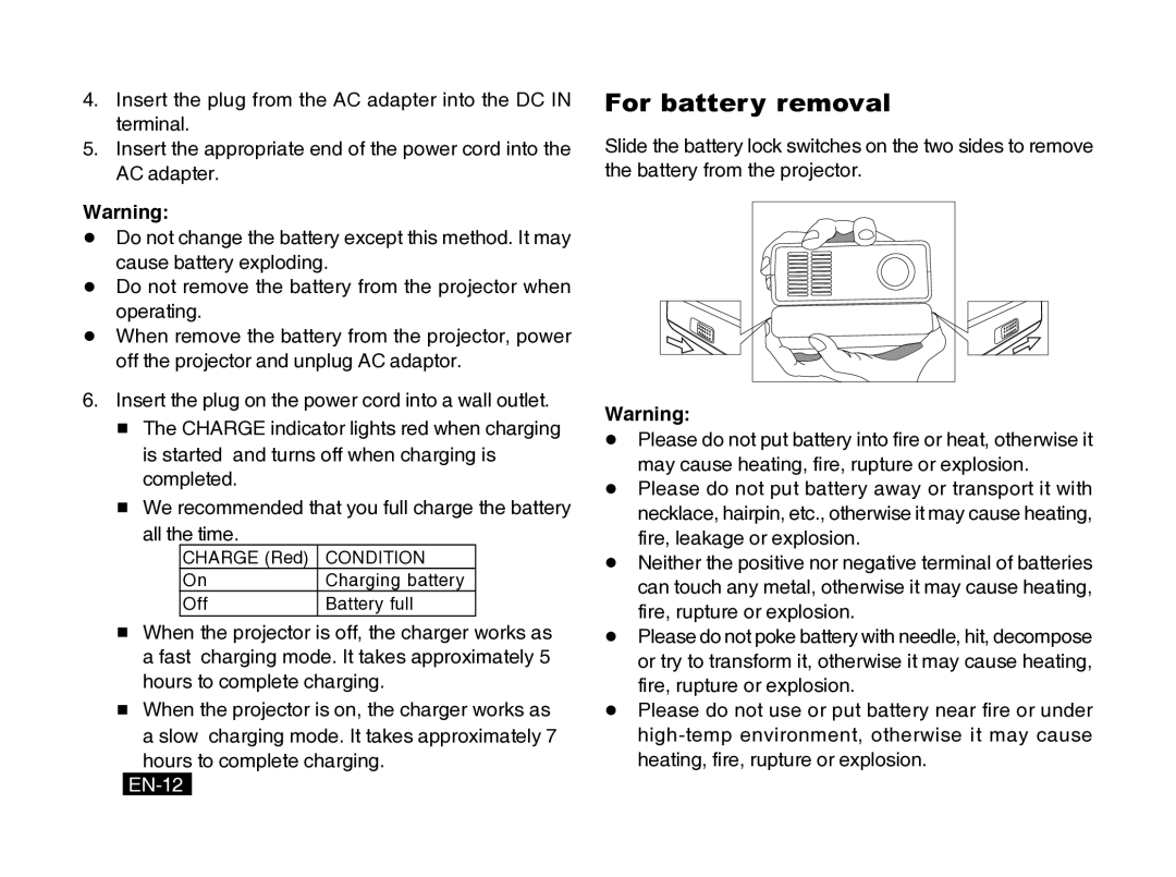 Mitsubishi Electronics PK10 user manual For battery removal, EN-12 