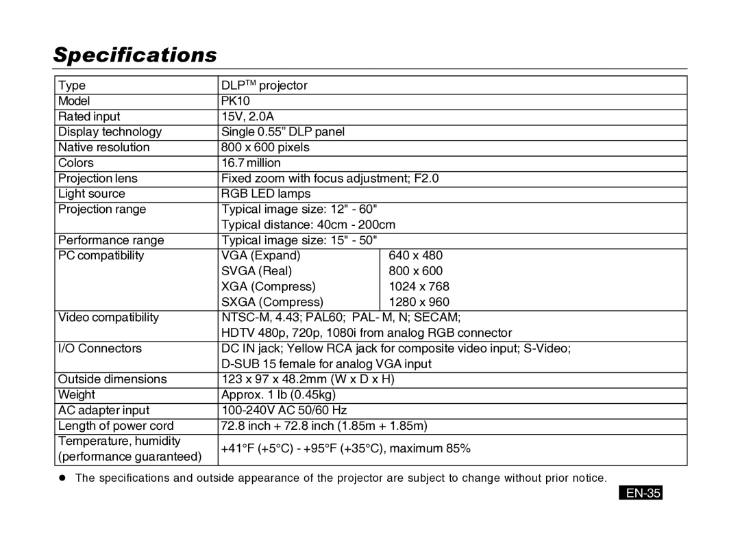 Mitsubishi Electronics PK10 user manual Specifications, EN-35 