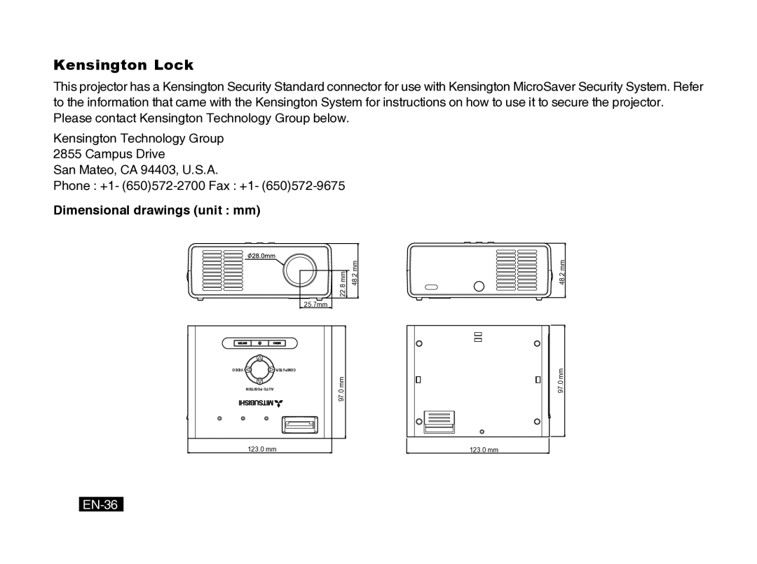 Mitsubishi Electronics PK10 user manual Kensington Lock, Dimensional drawings unit mm, EN-36 