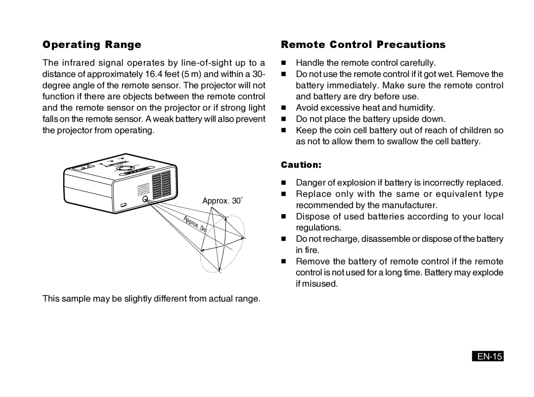 Mitsubishi Electronics PK20 user manual Operating Range, Remote Control Precautions, EN-15 