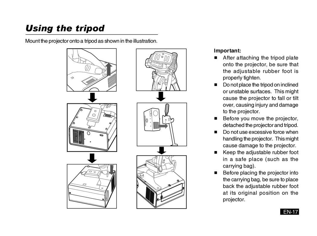 Mitsubishi Electronics PK20 user manual Using the tripod, EN-17 