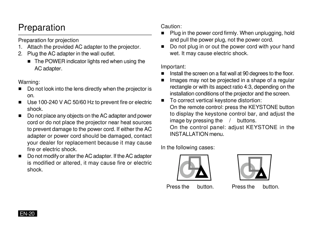 Mitsubishi Electronics PK20 user manual Preparation for projection, Following cases, EN-20 