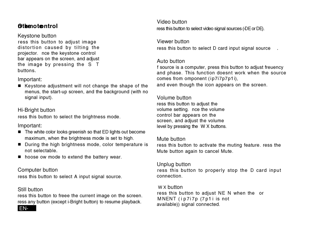 Mitsubishi Electronics PK20 user manual Hi-Bright button, Auto button, Volume button, Mute button, Button 