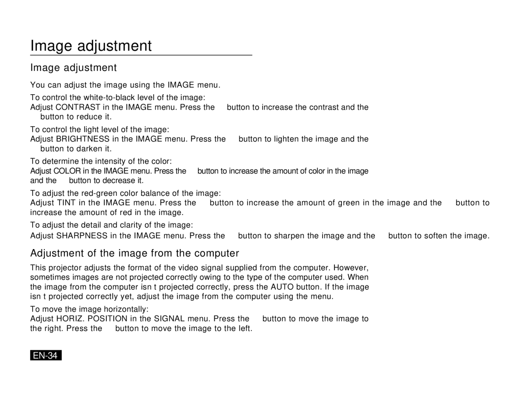 Mitsubishi Electronics PK20 user manual Image adjustment, Adjustment of the image from the computer, EN-34 