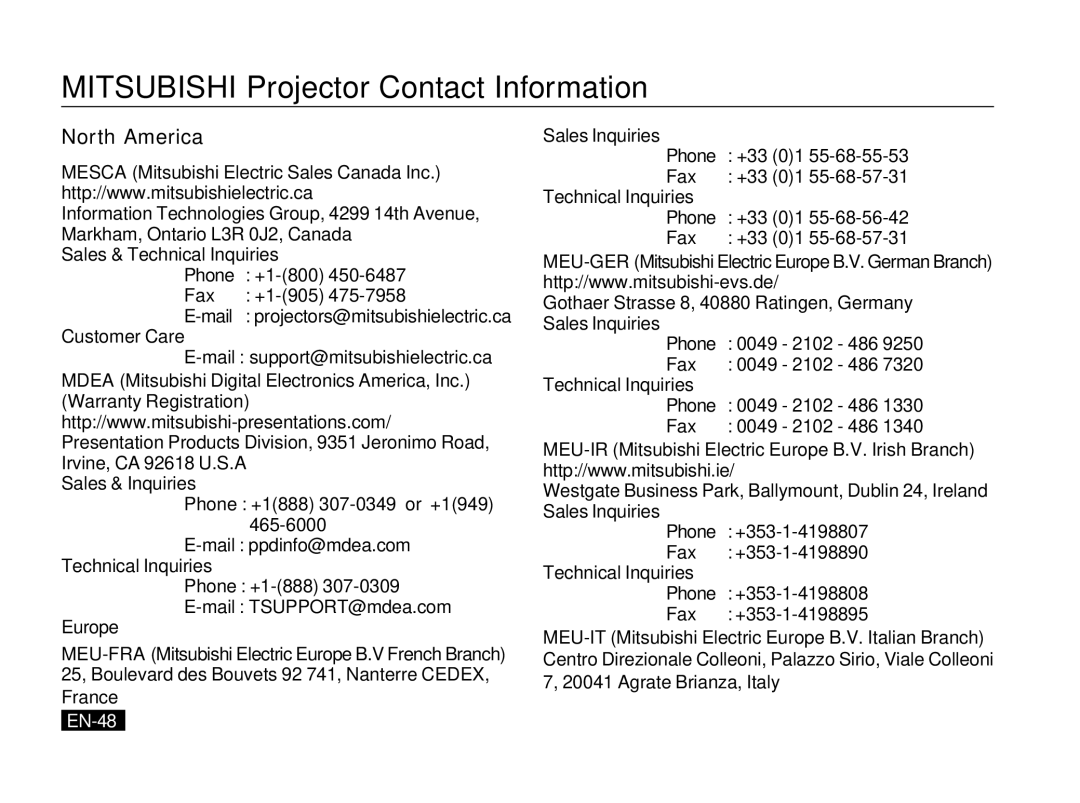 Mitsubishi Electronics PK20 user manual Mitsubishi Projector Contact Information, North America, Europe, EN-48 