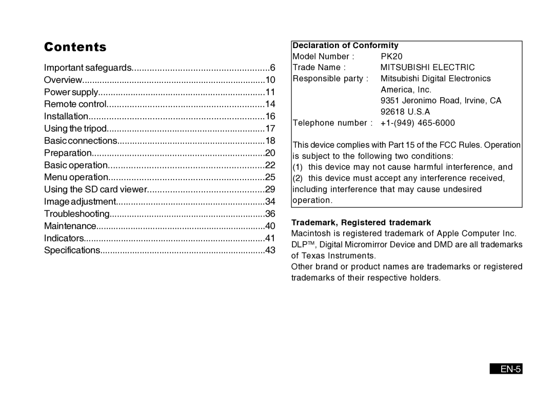 Mitsubishi Electronics PK20 user manual Contents 