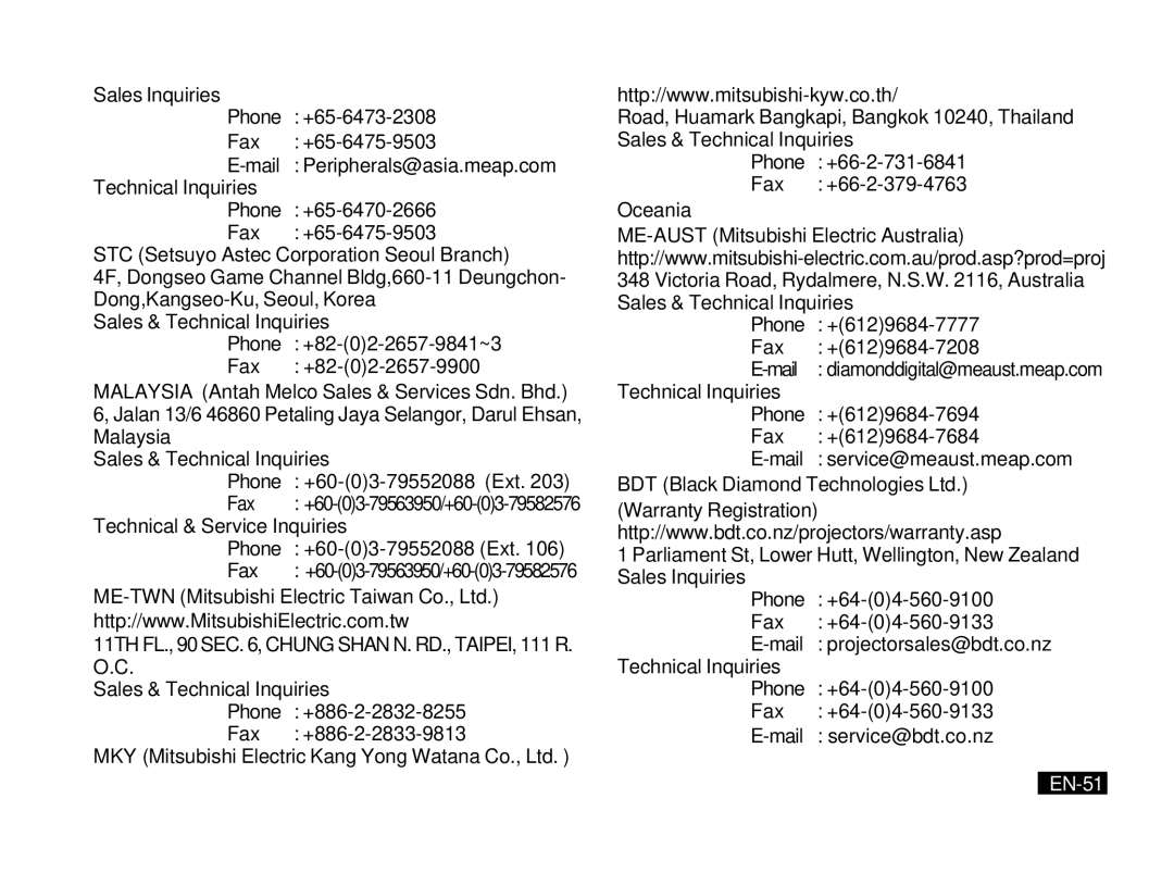 Mitsubishi Electronics PK20 user manual Oceania, EN-51 