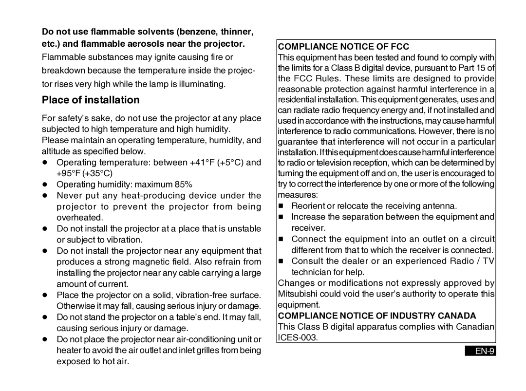 Mitsubishi Electronics PK20 user manual Place of installation, EN-9 