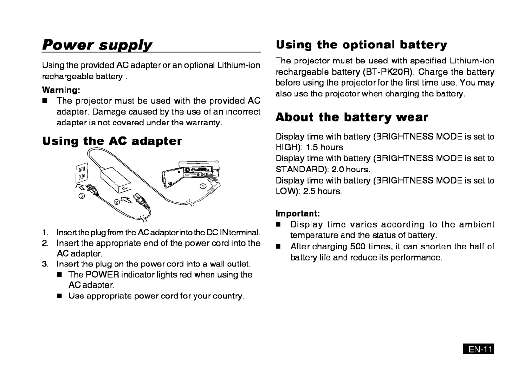 Mitsubishi Electronics PK20 Power supply, Using the AC adapter, Using the optional battery, About the battery wear, EN-11 