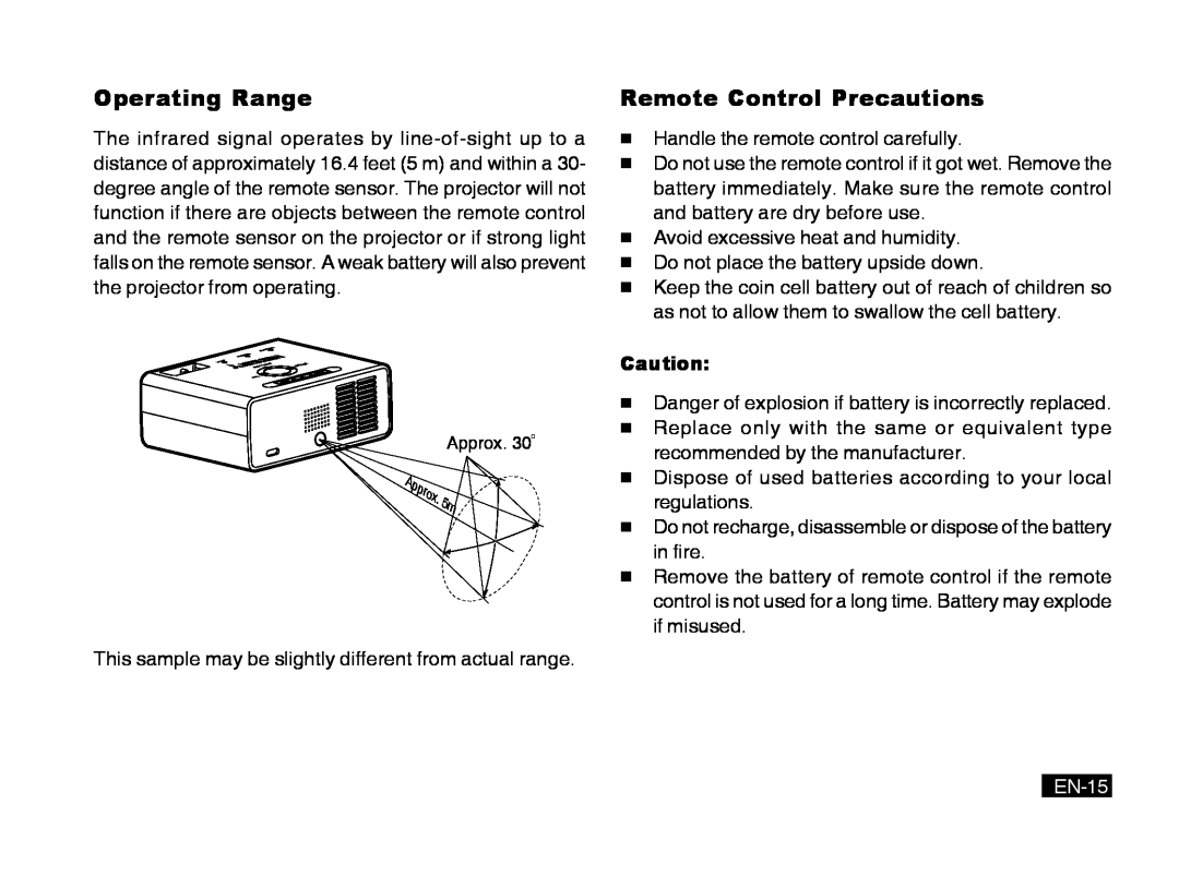 Mitsubishi Electronics PK20 user manual Operating Range, Remote Control Precautions, EN-15 