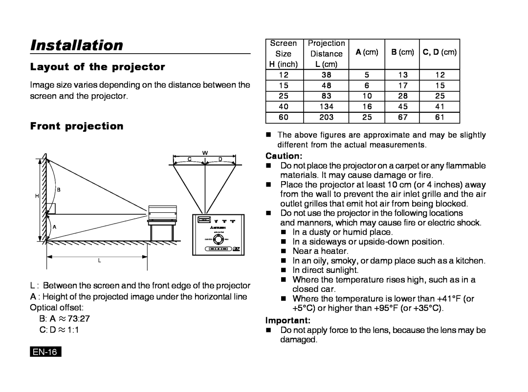 Mitsubishi Electronics PK20 user manual Installation, Layout of the projector, Front projection, EN-16 