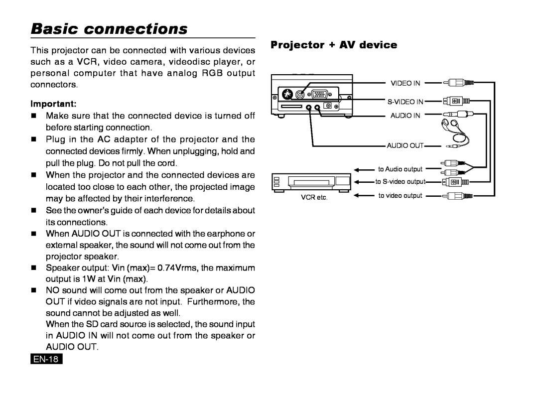 Mitsubishi Electronics PK20 user manual Basic connections, Projector + AV device 
