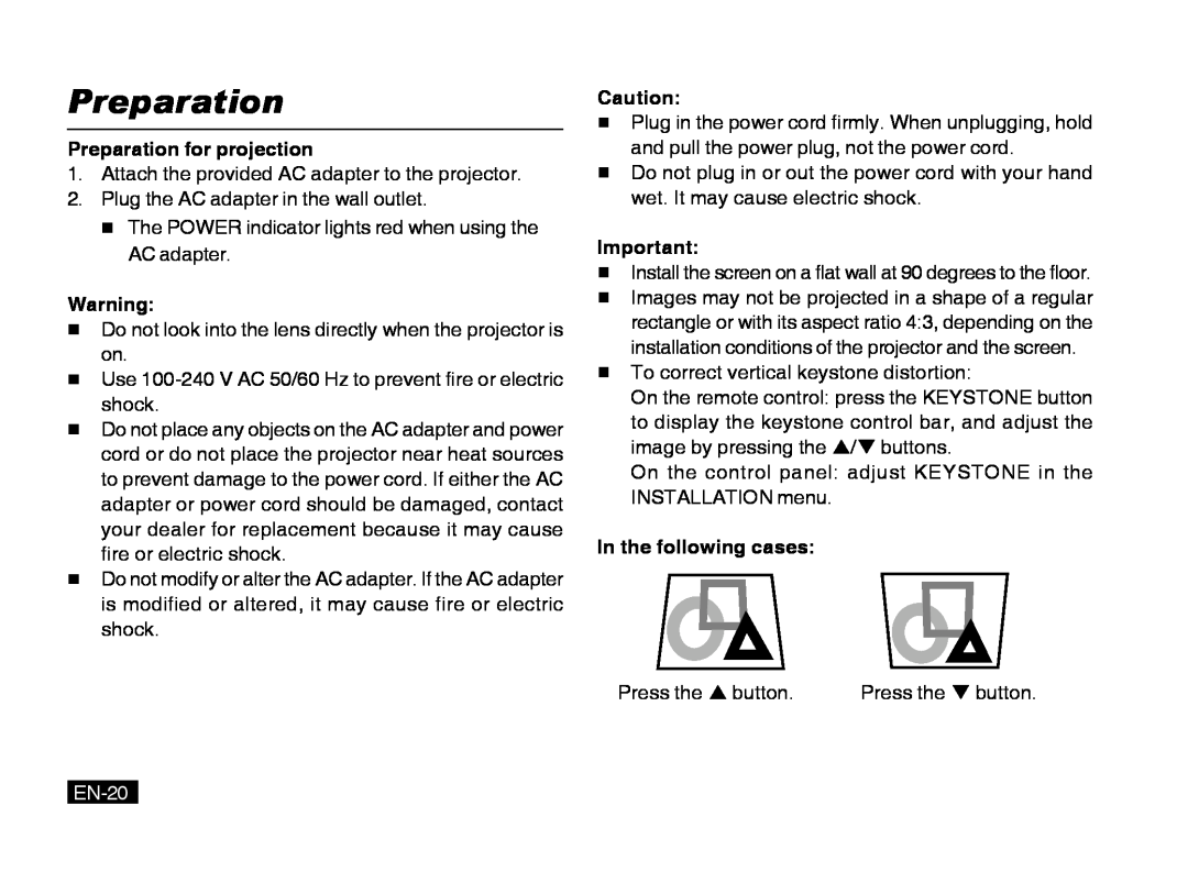 Mitsubishi Electronics PK20 user manual EN-20, Preparation for projection, In the following cases 