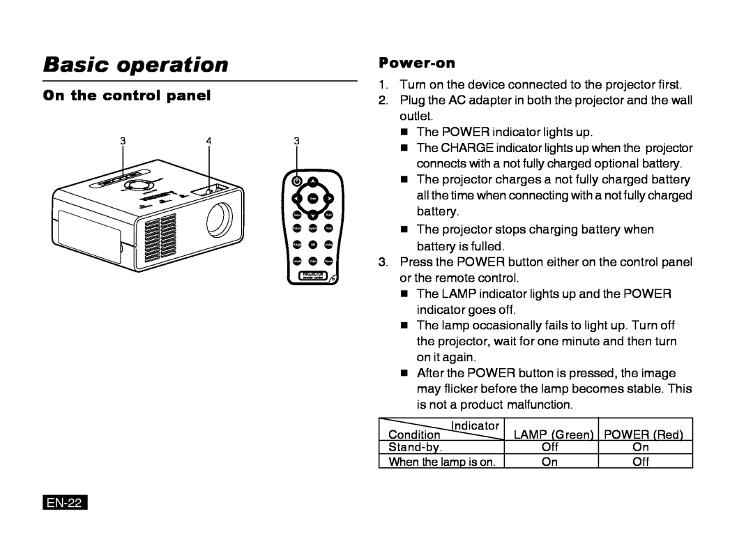 Mitsubishi Electronics PK20 user manual Power-on, On the control panel, EN-22, Basic operation 