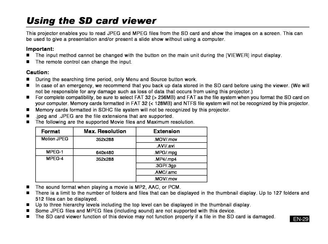 Mitsubishi Electronics PK20 user manual Using the SD card viewer, Format, Max. Resolution, Extension 