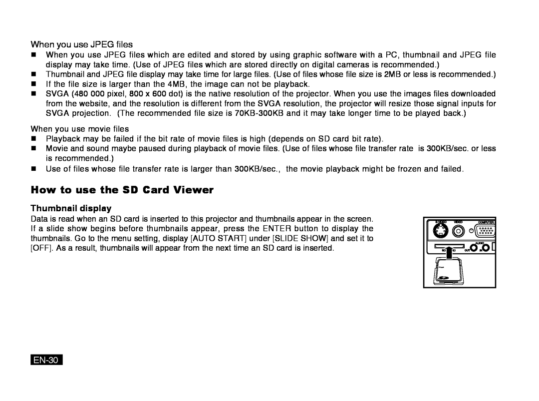 Mitsubishi Electronics PK20 user manual How to use the SD Card Viewer, EN-30, Thumbnail display 